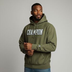 Champion Men's Reverse Weave Chenille Logo Hoodie 2XL Olive Green Pullover Y2K